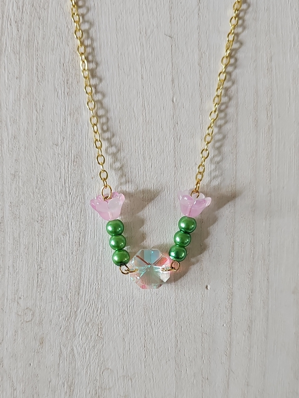 Pink Flower Necklace with AB Crystal Centerpiece